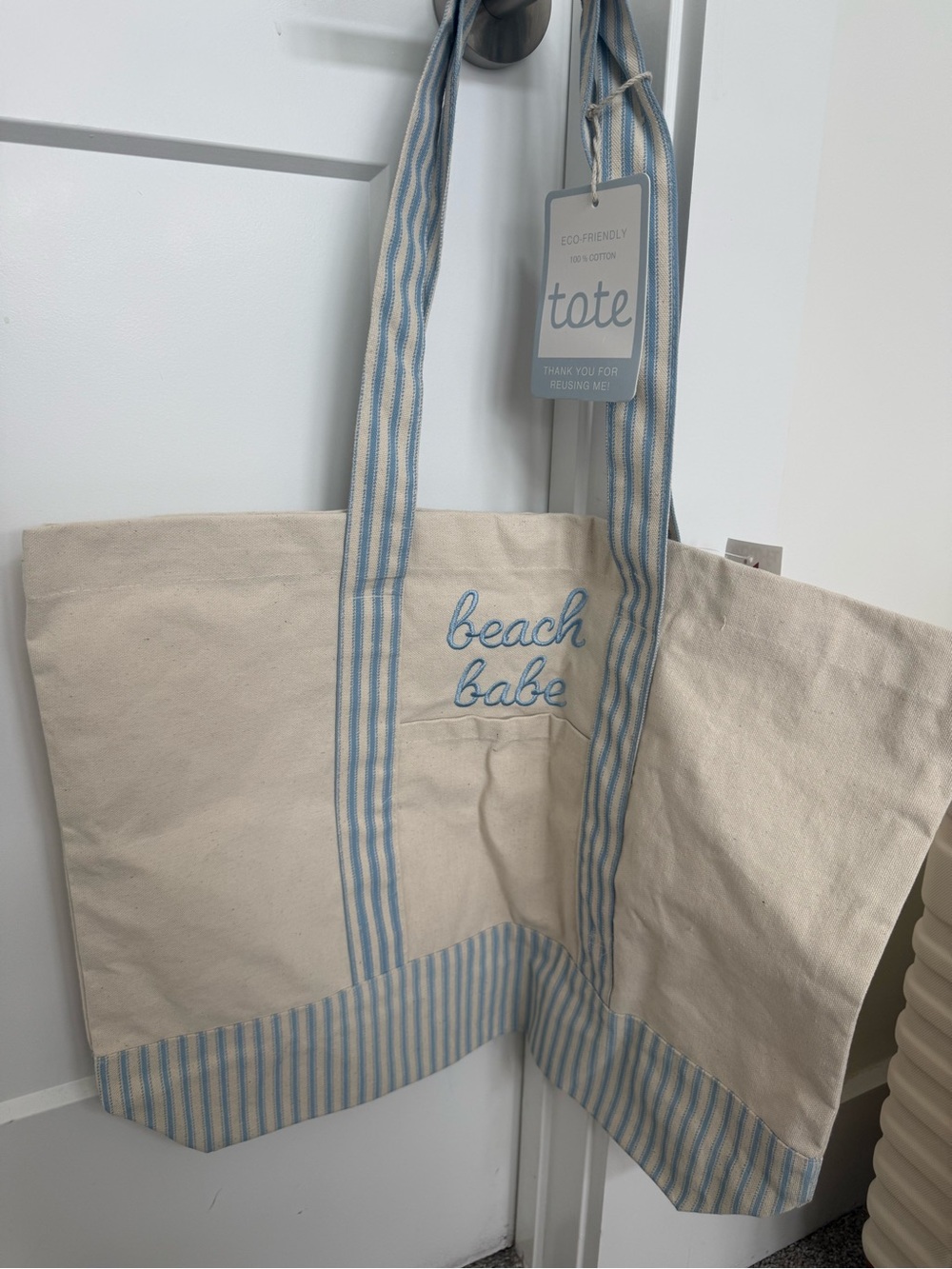Beach Babe Canvas Tote with Blue Stripes
